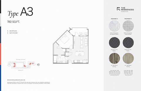 Floor plan for 1 bed, 1 bath, 782 sqft